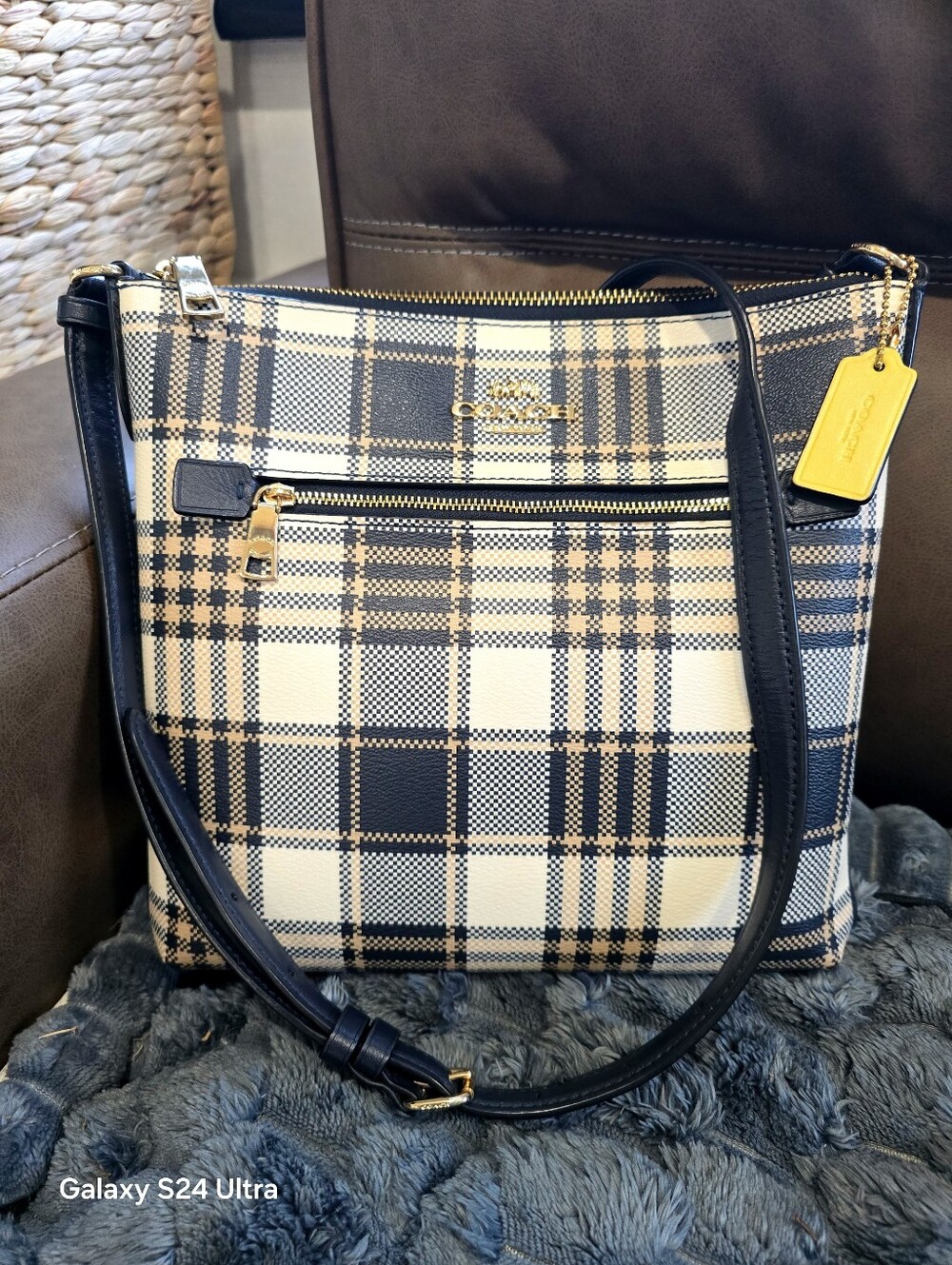 Coach Rowan Plaid Crossbody in Cream, Black and Tan with Gold Hardware